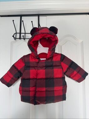 Old Navy Red & Black Buffalo Plaid Hooded Baby Jacket with Bear Ears Size 0-3